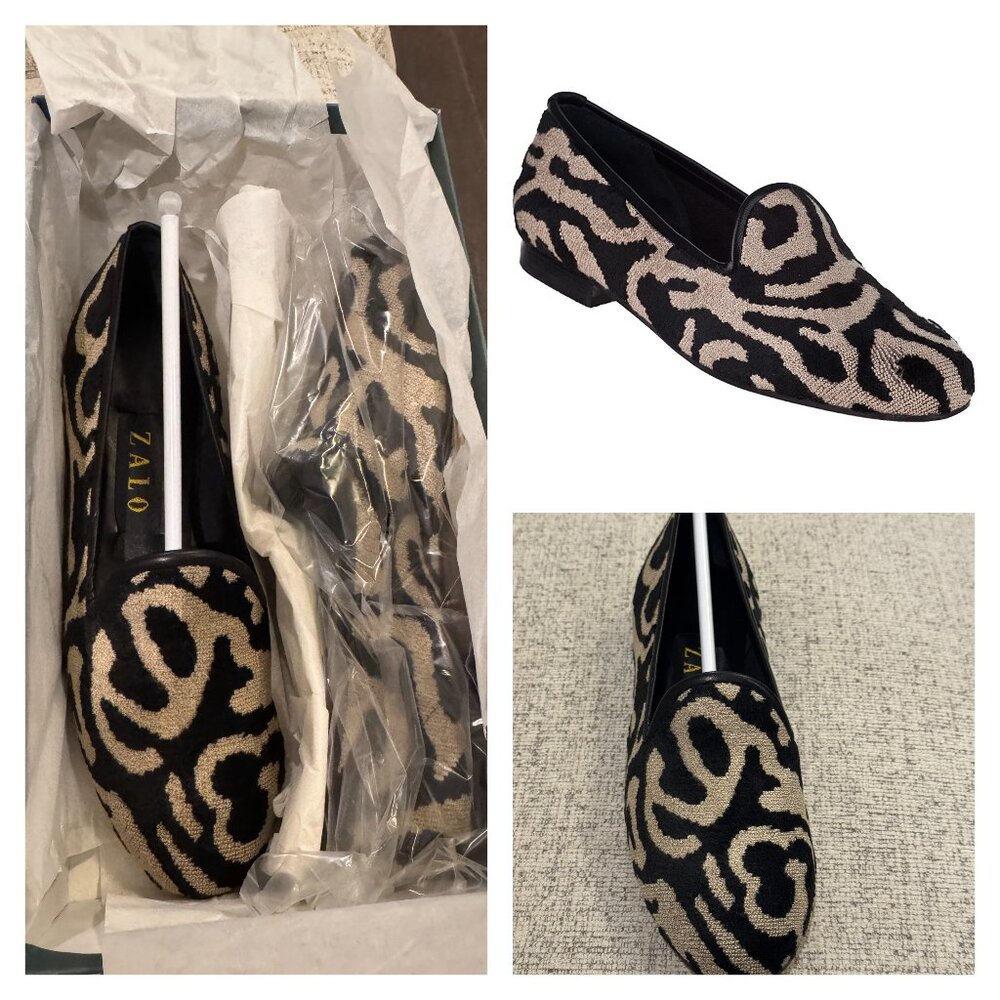 Zalo Gentry DHARMA Black Leopard Lip Based Flat Loafer Metallic Gold Fabric NEW